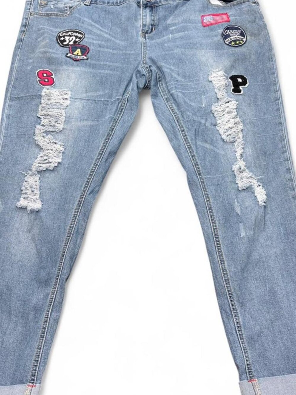 Angel Kiss Light Blue Distressed Boyfriend Jeans with Patch Accents